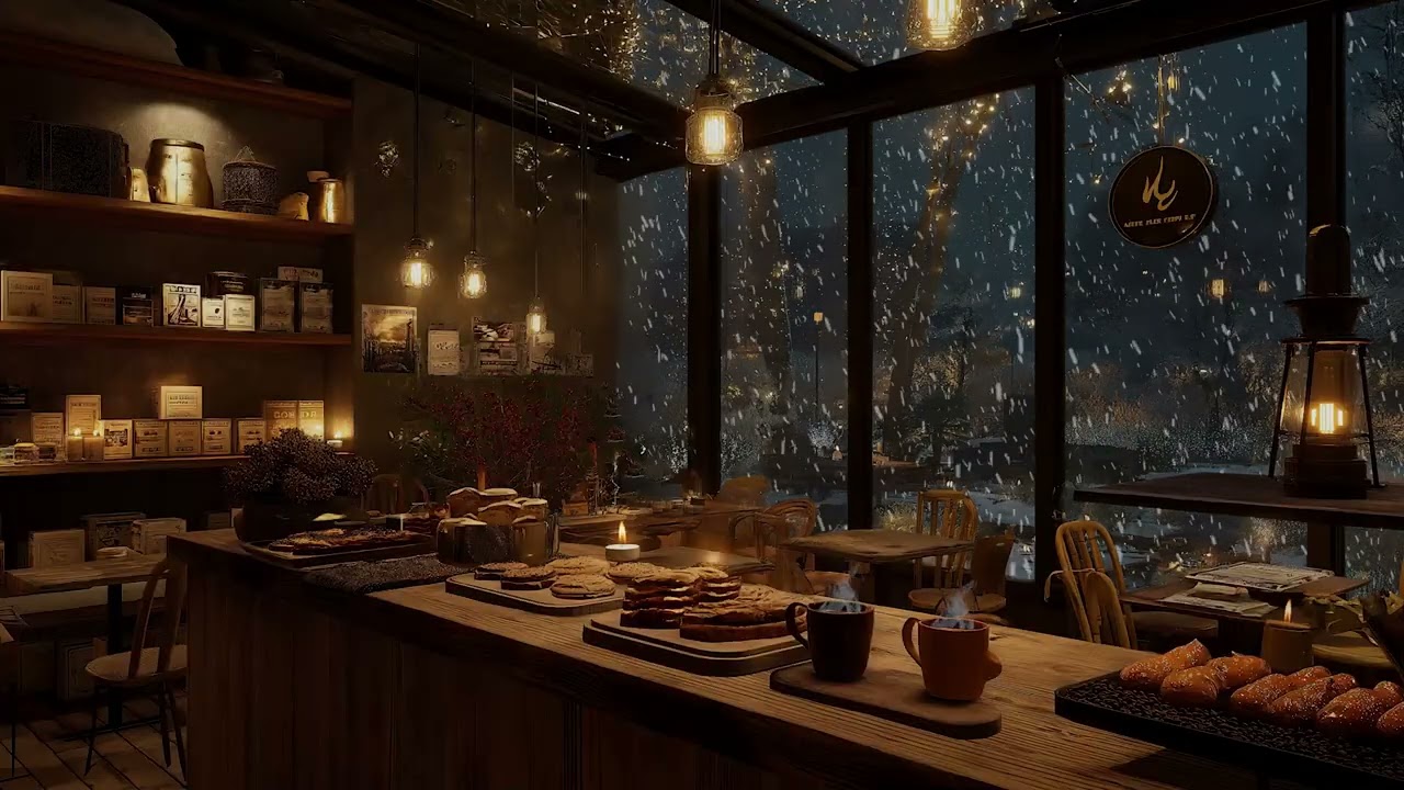 Warm Café Ambience with Snowy Street Views and Gentle Piano Sounds for Deep Focus and Calm
