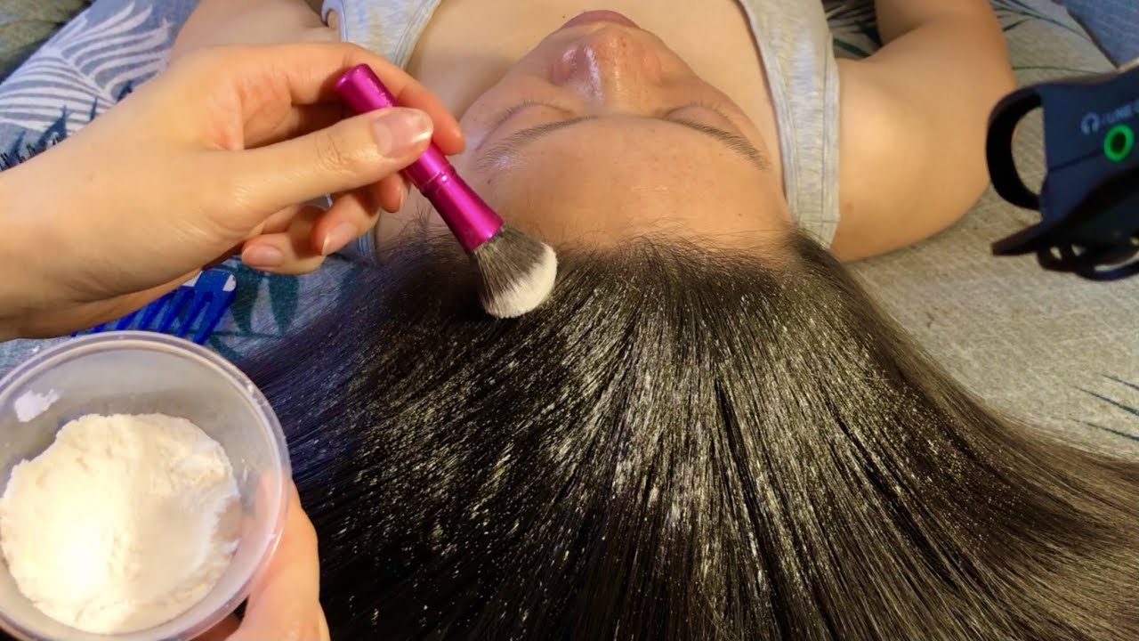 ASMR De-greasing Her Oily Scalp w. CORNSTARCH! 🤯 INTENSE HAIR FLUFFING, Scratching + Hair Brushing!