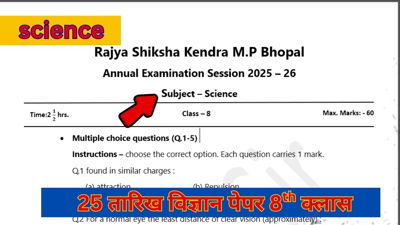 Class 8 Science MP Board 2026 Paper | 8वीं विज्ञान वार्षिक परीक्षा पेपर