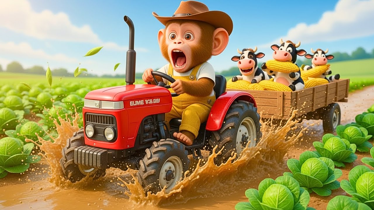 Monkey Nana Cabbage Harvest CHAOS 😱 Baby Cow Stuck in Mud and His Brave Rescue Will AMAZE You! 🐮
