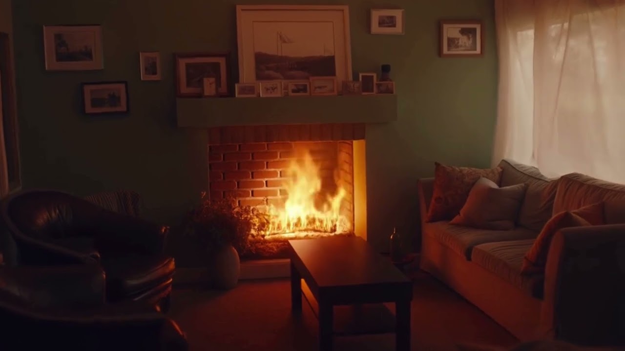 Soft, calm music crackles gently beside a warm fireplace