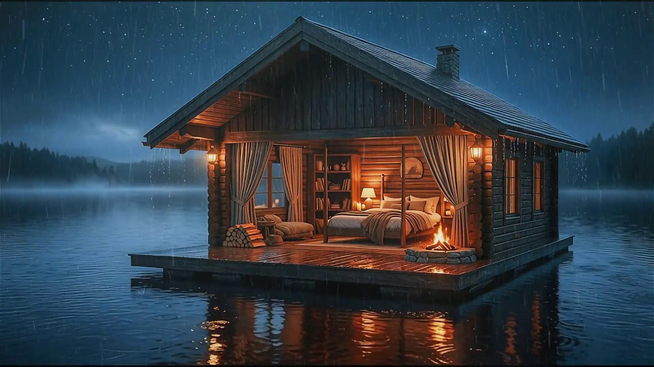 8K Cinematic: Lakeside Cabin Fireplace Ambience ⛈️ Heavy Rain Sounds for Deep Sleep (10 Hrs)