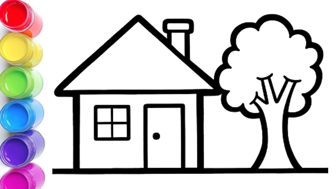 Village House and tree 🌲 drawing, painting and colouring for kids and toddlers Step by step