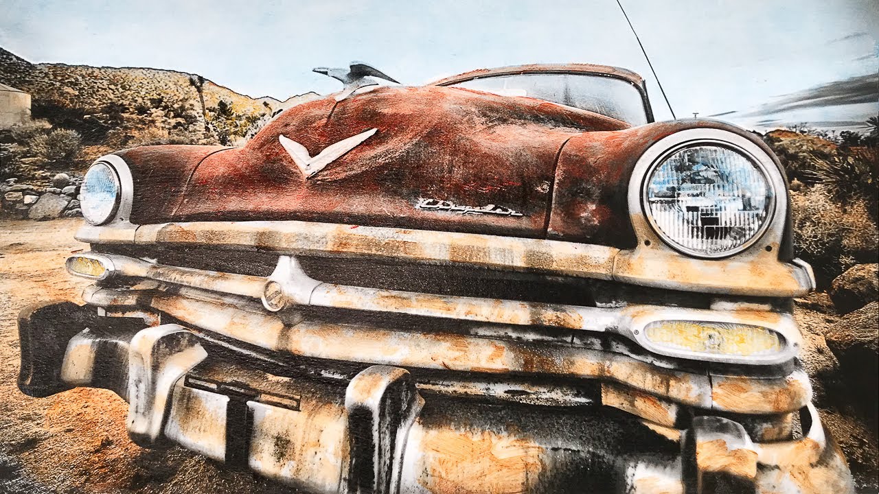 Wednesday Art Time Lapse #64: Hand Coloring 1950s Chrysler on Inkjet Paper with Diluted Oils