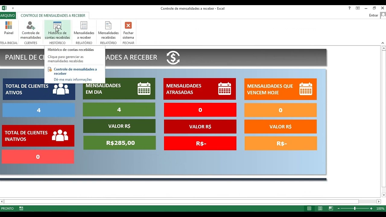 Planilha Excel controle de clientes e mensalidades a receber IPTV internet monitoramento e segurança