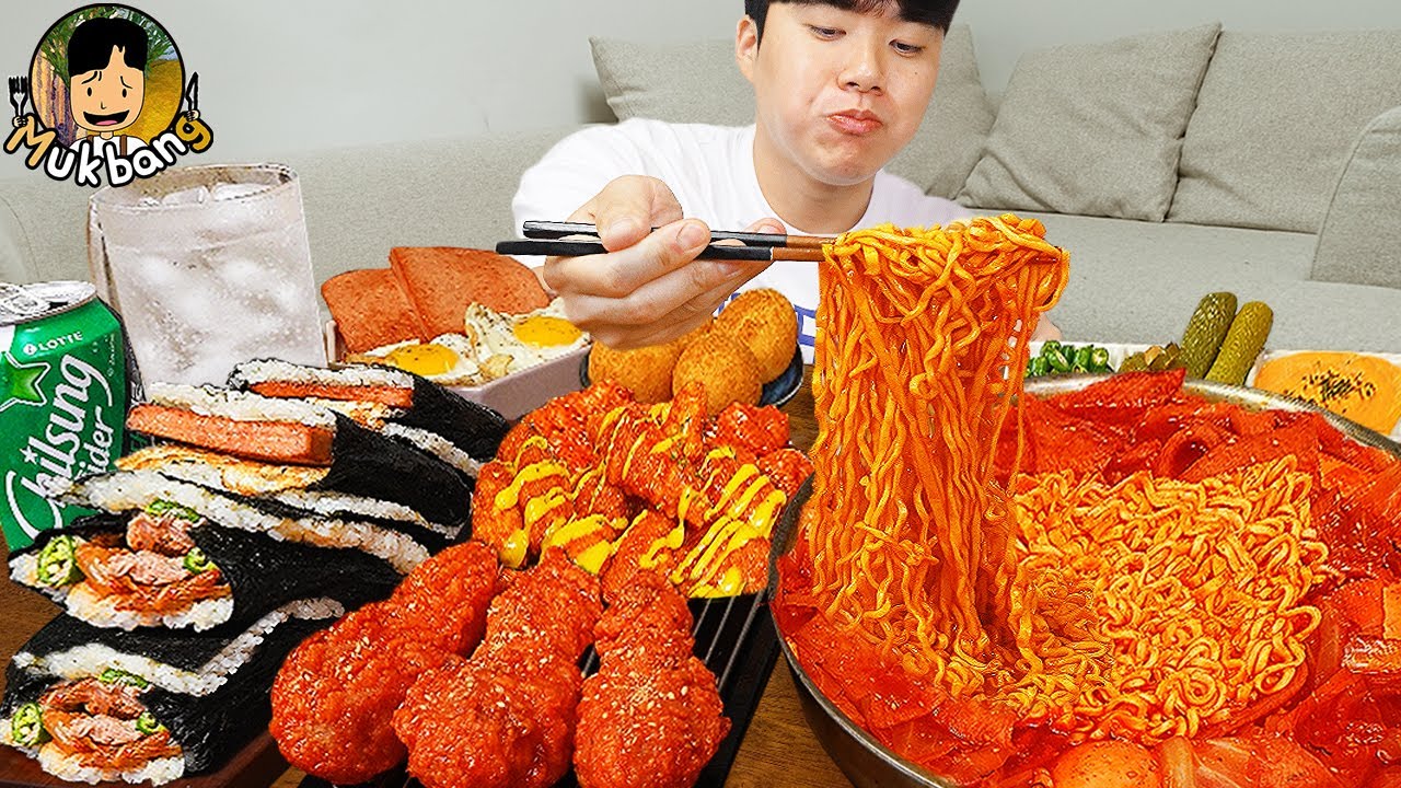 ASMR MUKBANG | РИСОВЫЙ ТОРТ, острая лапша, кимбап, ветчина рецепт ! принимать пищу