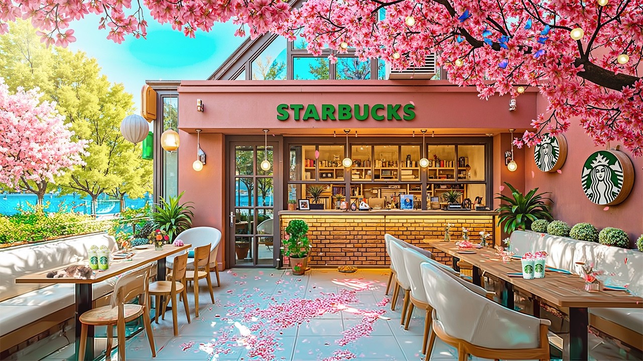 （カフェ𝙱𝙶𝙼穏やかな朝）桜の花びらが香る小さな喫茶店🌸スターバックスで聴く春の穏やかな音楽&mdash;&mdash;友とそっと味わう- 春の雰囲気と上品なジャズがやさしく深い感情をもたらす。𝐆𝐞𝐧𝐭𝐥𝐞 𝐀𝐦𝐛𝐢𝐞𝐧𝐜𝐞