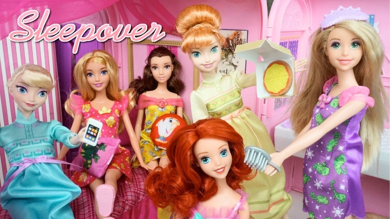 Barbie Princess Pink Bedroom Sleep Over Party with Frozen  Elsa Anna Ariel Rapunzel