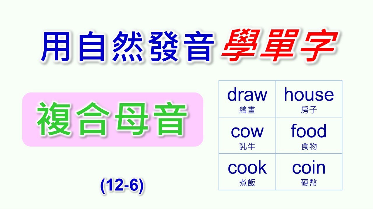 自然發音單字-6-複合母音au, ou, ow, oo, oi, oy的單字。首創以自然發音規則記憶單字，發音和單字一起學，並把單字每個字母念出來，聽著就能背。