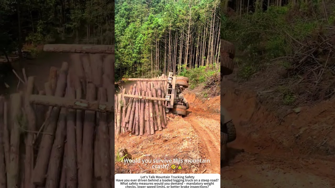 Truck Carrying Logs Overturns on Mountain Road &ndash; Shocking Moment 🚛💥