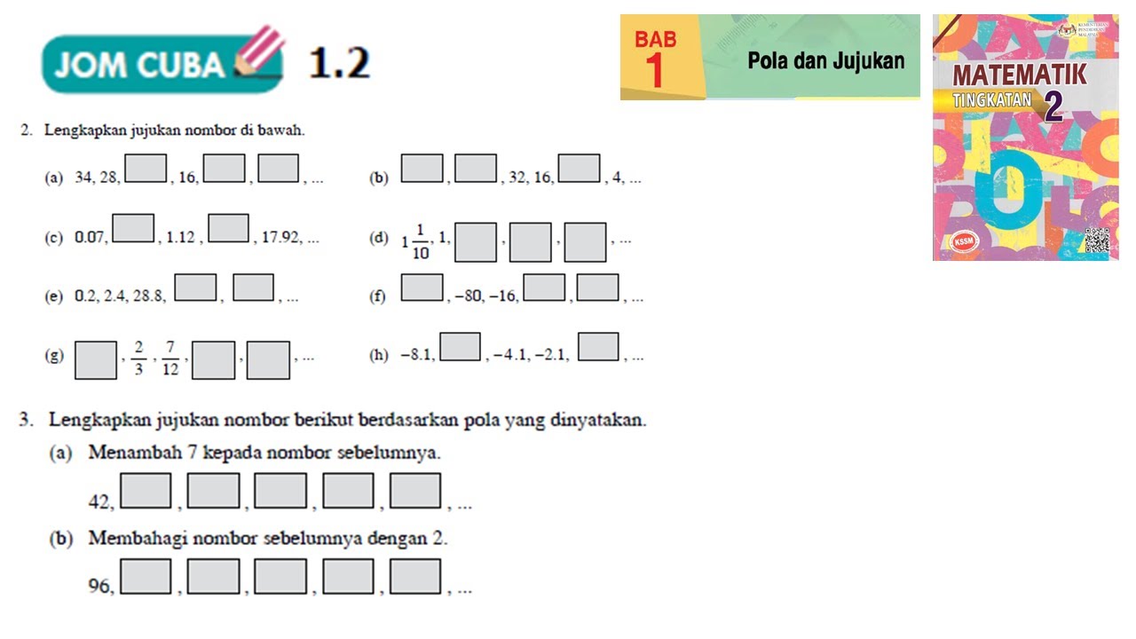 KSSM Matematik Tingkatan 2 Bab 1 pola dan jujukan jom cuba 1.2 no2 no3 buku teks form2