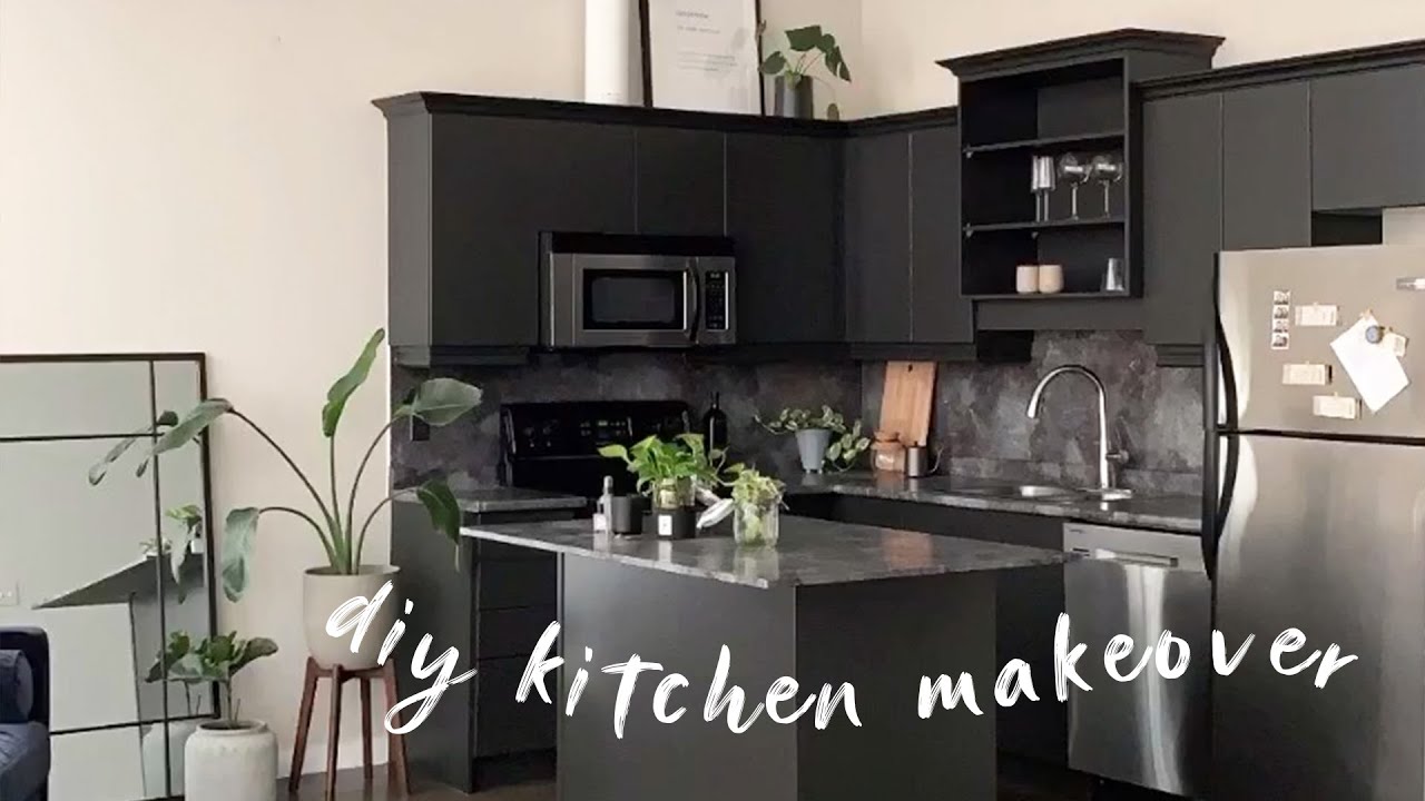 DIY MODERN BLACK KITCHEN | stone contact paper & painting cabinets
