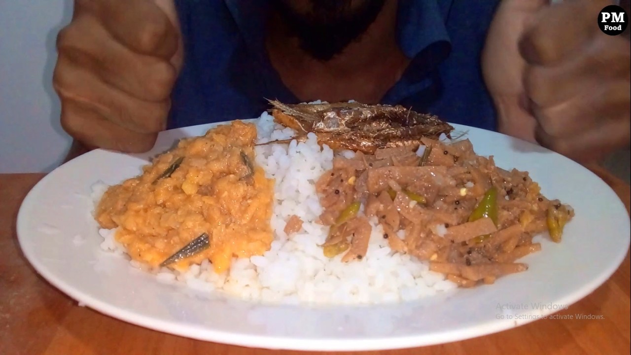 ASMR Food Eating Show 🍚 White Rice, Lentil Curry, Lasia Root & Fried Goldstripe Sardinella Fish