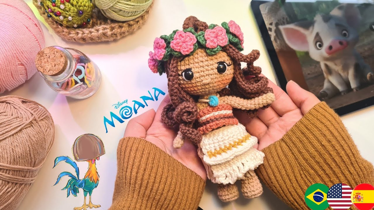 Moana Amigurumi Tutorial Crochet🌺/Parte 2/2 Vestuario y Cabello | Subtítulos Spa/Eng/Port