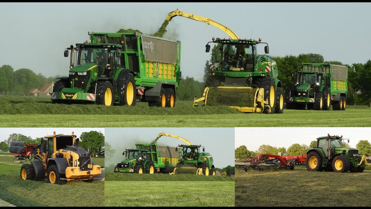 John Deere 8600i, 8270R, 7270R in het gras bij Loonbedrijf Dekker Vriezenveen  1ste snede hakselen