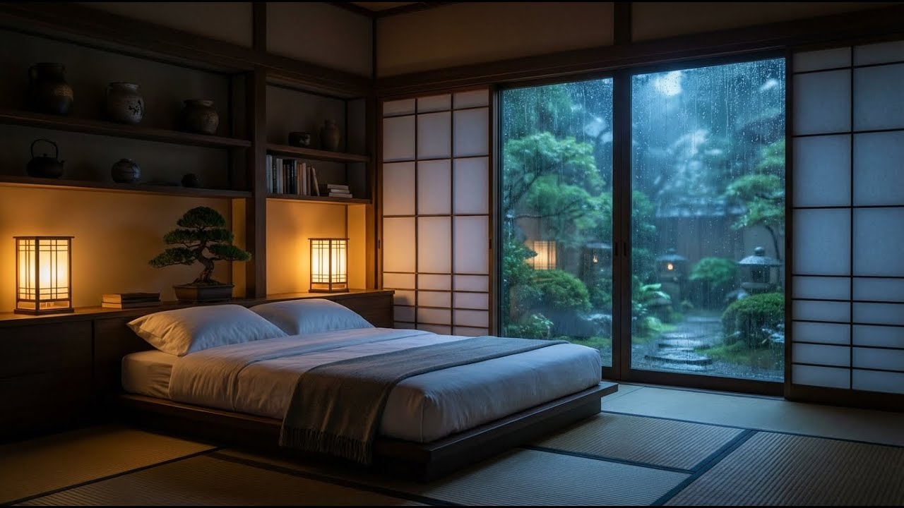 Heavenly Bliss Rain & Felt Piano in Japanese Bedroom with Lantern for Deep Healing 💤