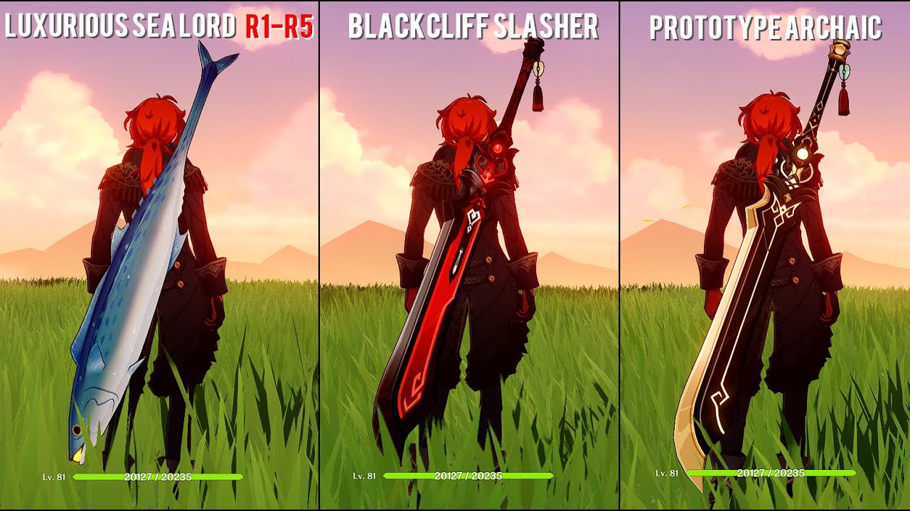 Diluc - Luxurious Sea Lord R1-R5(Tuna) vs Blackcliff Slasher vs Prototype Archaic [Burst Comparison]