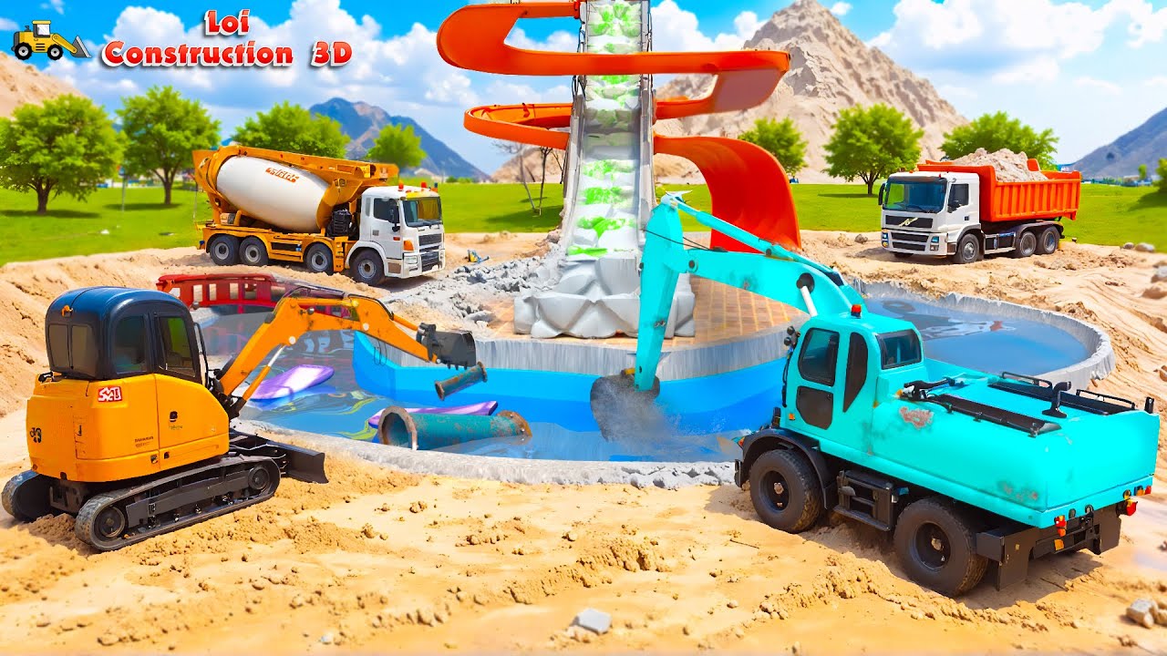 Excavator Builds Giant Spiral Water Slide! 🚧💦  CONSTRUCTION VEHICLES