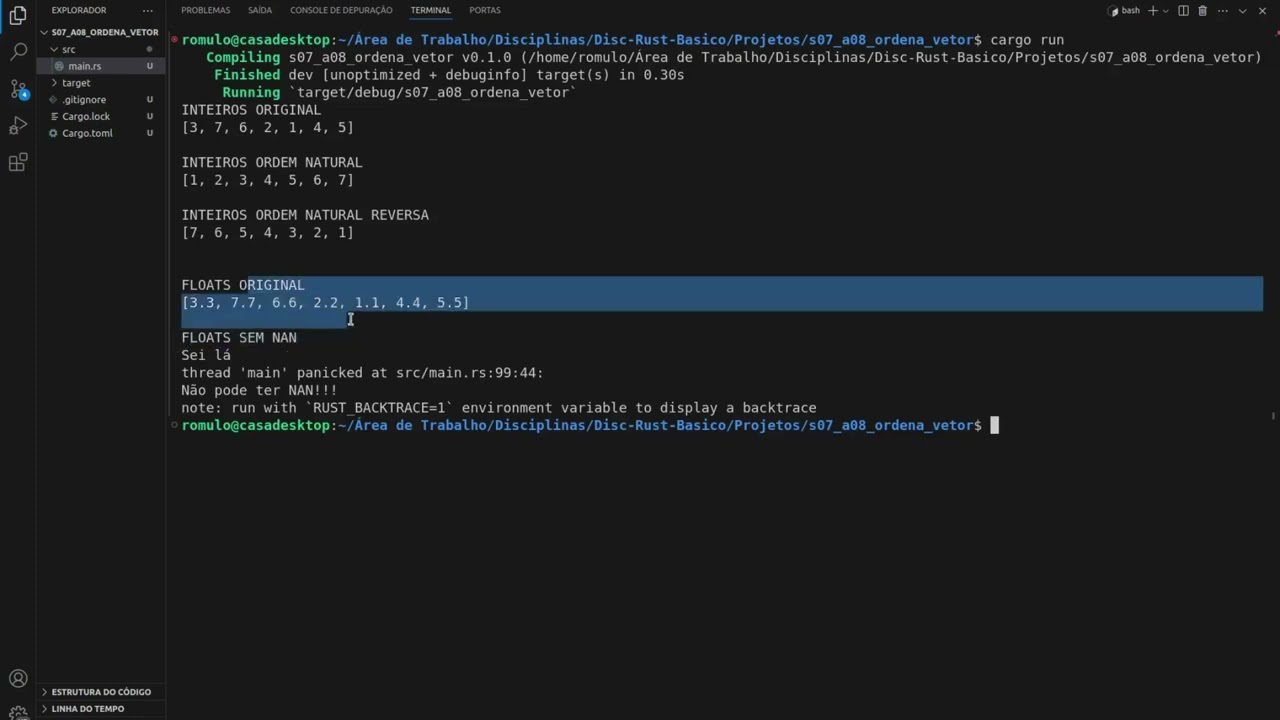 Linguagem Rust : Ordenação de um Vector (i32,f64,NAN)