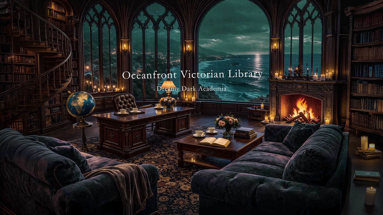 Reading in an Oceanfront Victorian Library🌊 Dark Academia Spring Rain Ambience for Study, Deep Focus
