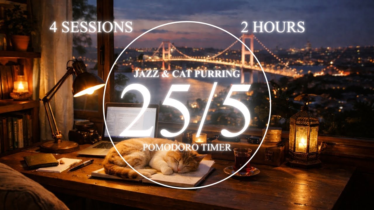 25/5 Pomodoro Timer ⏳| 🌉 Istanbul Night View | Jazz & Cat Purring 🐱| ADHD Study Boost + Deep Focus 🧠