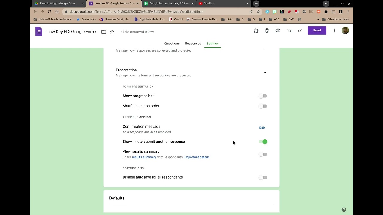 Low Key PD: Google Forms - Settings - Presentation