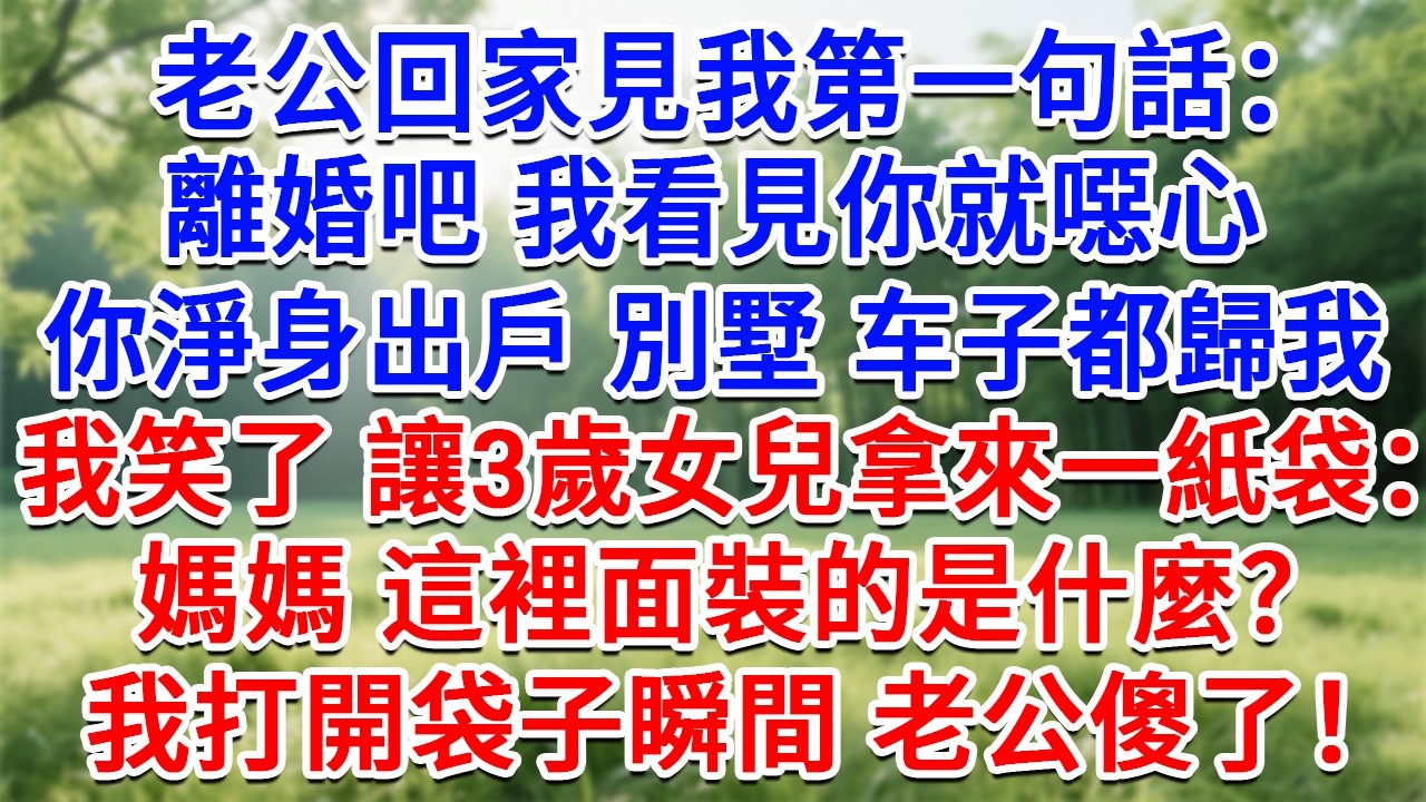 老公回家見我第一句話：離婚吧我看見你就噁心，你淨身出戶別墅车子都歸我！我笑了讓3歲女兒拿來一紙袋：媽媽，這裡面裝的是什麼？我打開袋子瞬間 老公傻了！#生活經驗#情感故事#故事#小說#戀愛#情感#婚姻