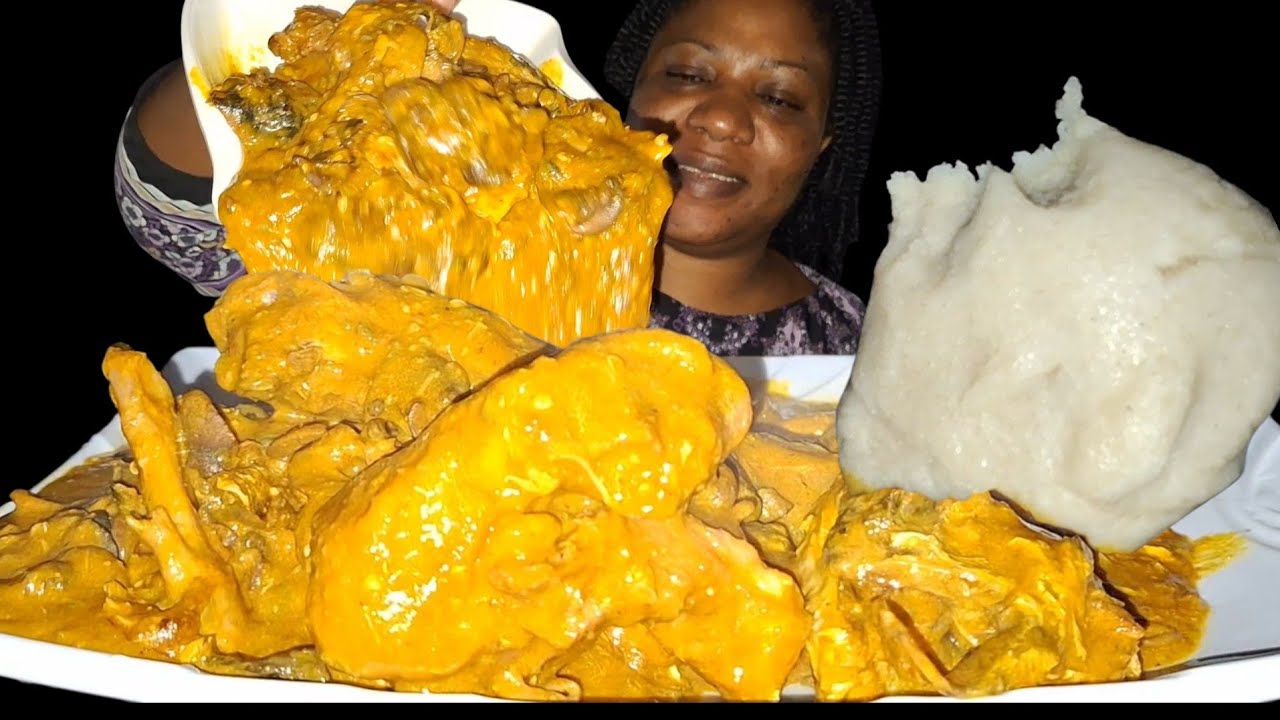 African food mukbang/ cook and eat ogbono soup and fufu 