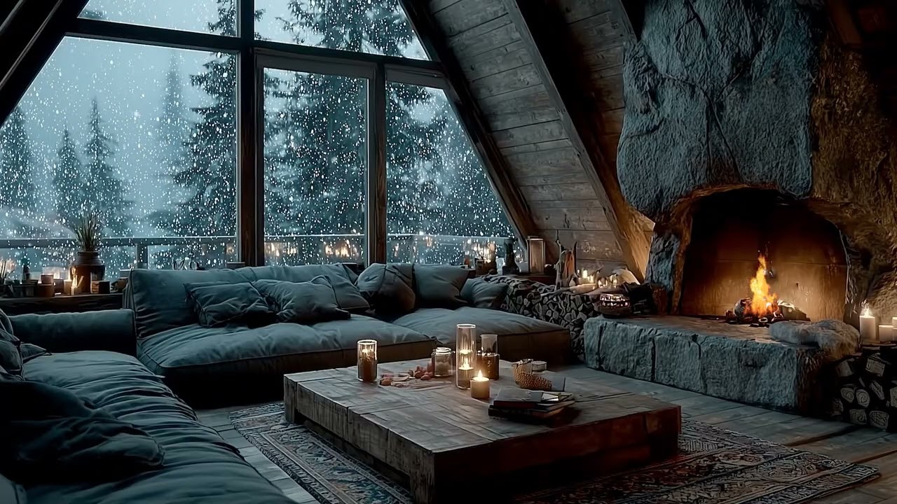 Peaceful Winter Piano Lounge ❄️ Soft Fireplace Sounds & Snowfall Ambience for Sleep & Focus