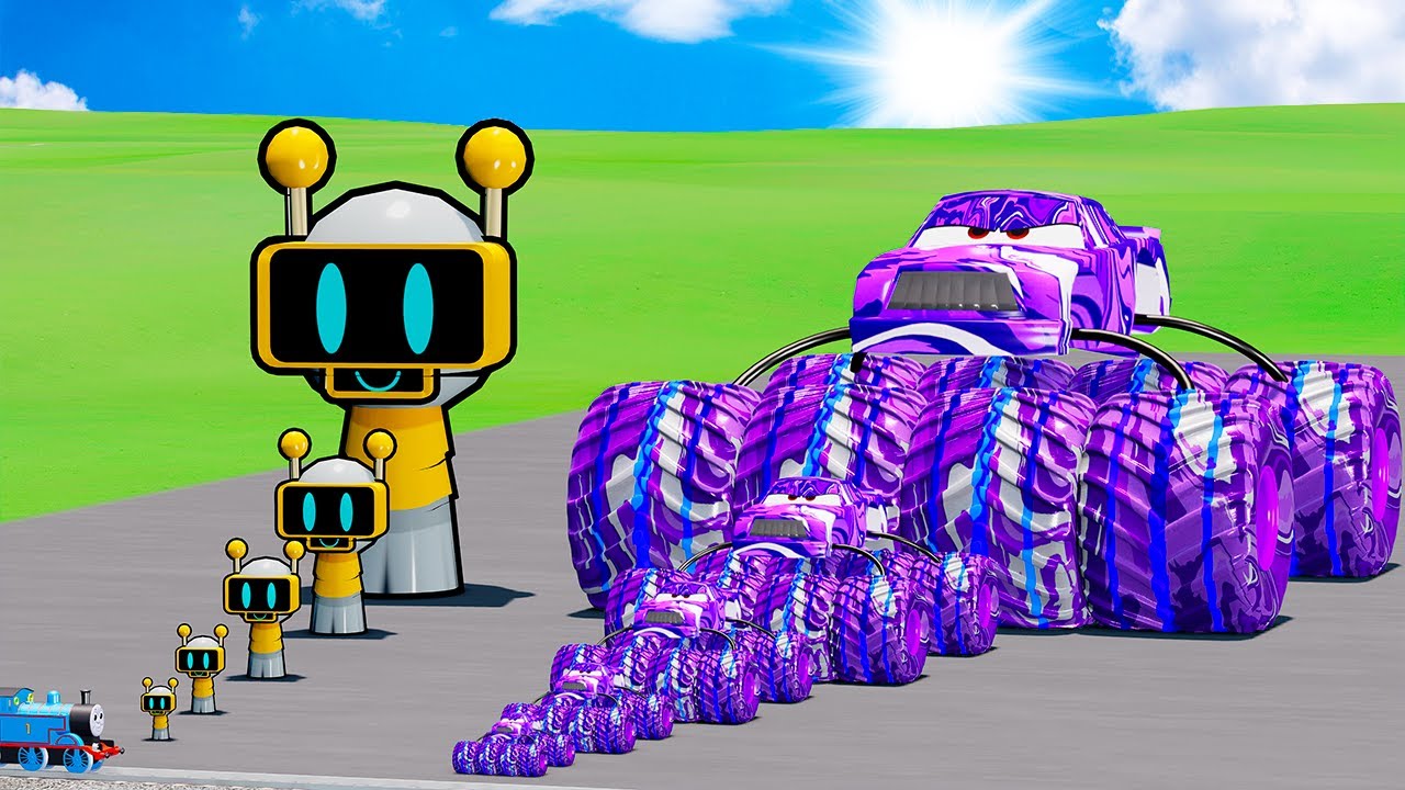 Big & Small Fun Bot Sprunki vs Liquid Chick Hicks Monster Truck McQueen vs Thomas Train BeamNG.drive