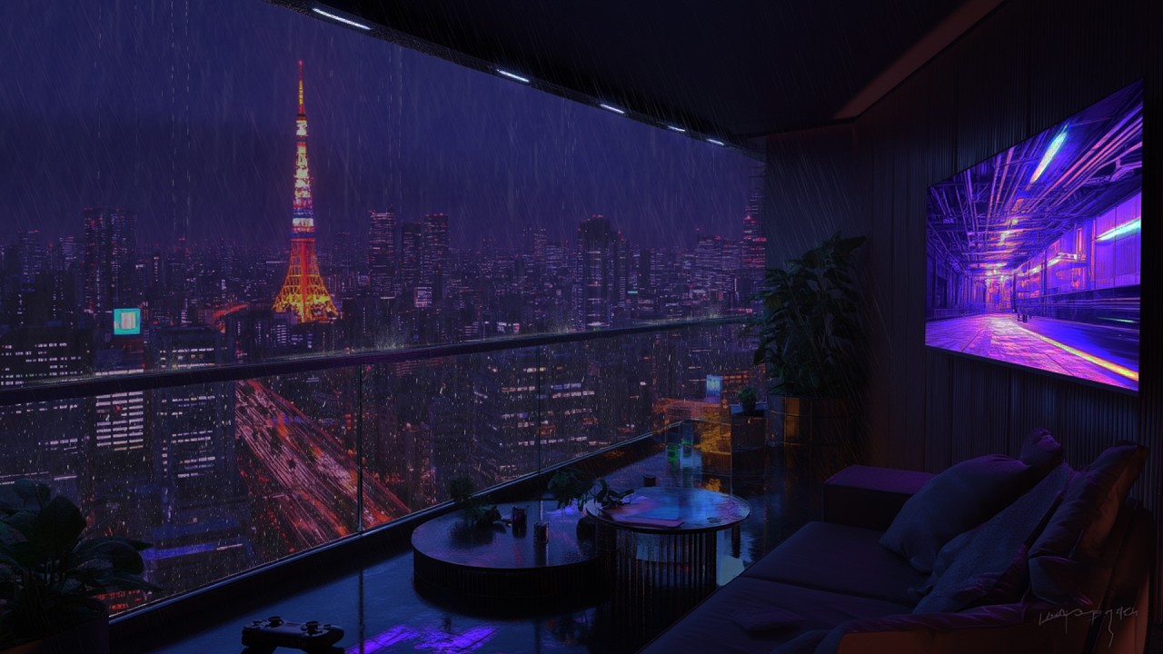 Tokyo After Dark – Cozy Neon Balcony in Heavy Rain | Tokyo Rain Sounds for Sleep & Relax 🌧️