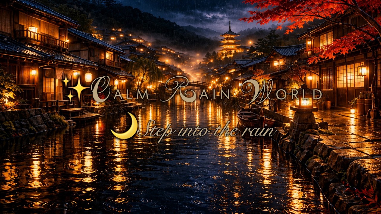 🍁🏮 Autumn Kyoto Canal Rain for Deep Sleep | Lantern City Night ASMR Ambience