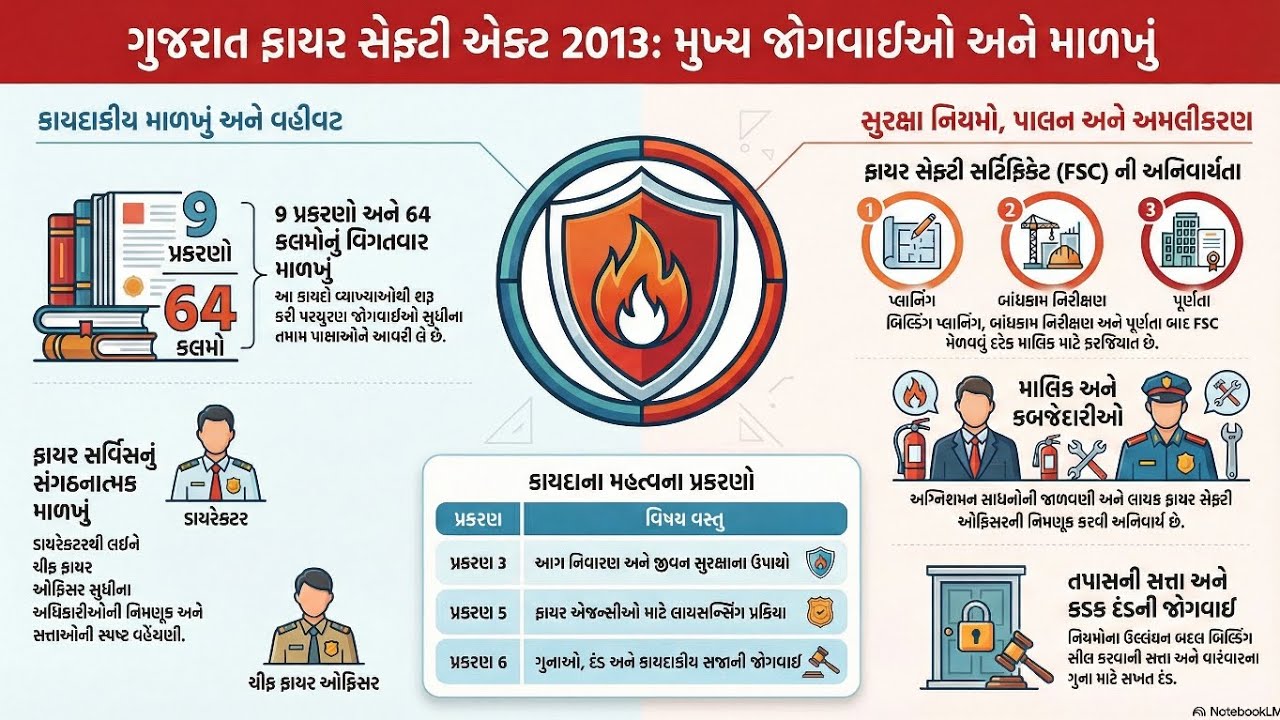 ગુજરાત ફાયરપ્રિવેન્શન એન્ડ લાઈફ સેફ્ટી મેઝર્સ એક્ટ2013 હેઠળના તમામ  પ્રકરણો અનેકલમોનું ટૂંકી સમજુતી