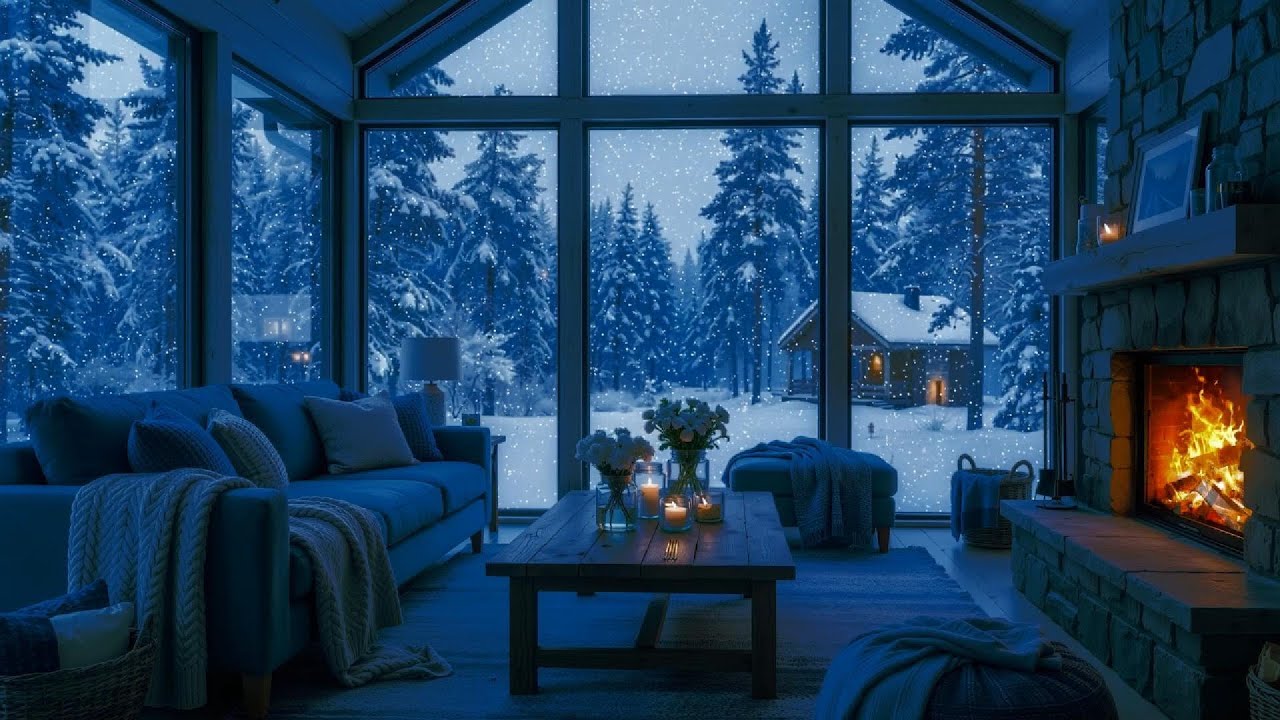 Cozy Winter Fireplace Night ❄️ Snow Falling Outside | Relax & Unwind with Soft Piano