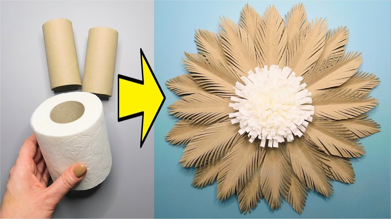 Paper Feather Flower DIY 💛 Handmade Wall Decor Tutorial 💚 Toilet Paper Roll Craft Idea