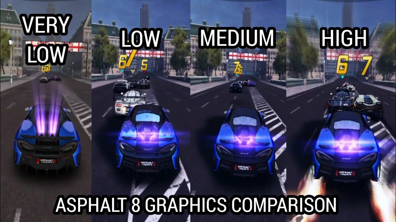 Asphalt 8 Graphics Comparison. VERY LOW vs LOW vs MEDIUM vs HIGH Graphics.