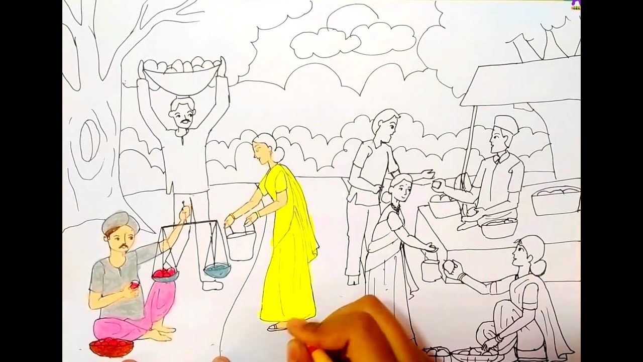 Vegetable Market Drawing | Memory Drawing Fruit Seller | Vegetable Seller Memory Drawing