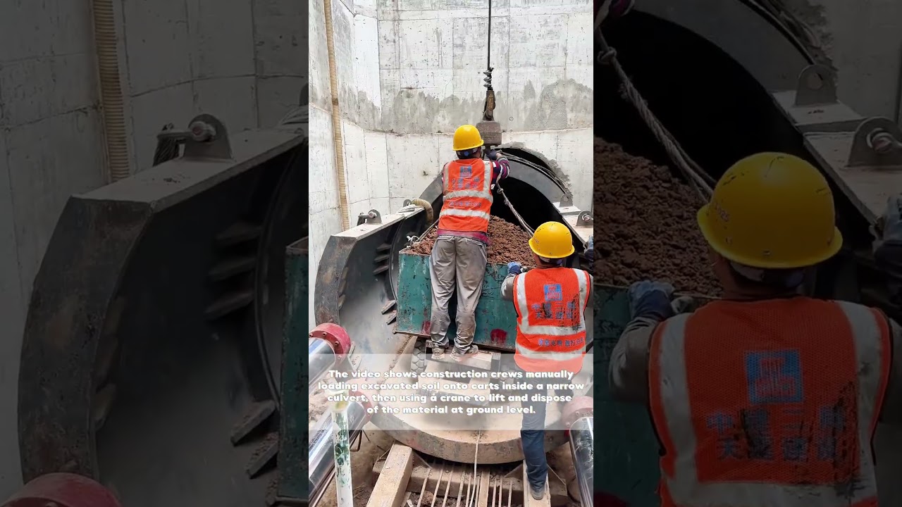 Trenchless Construction: Workers Removing Spoil from Underground Culvert Installation