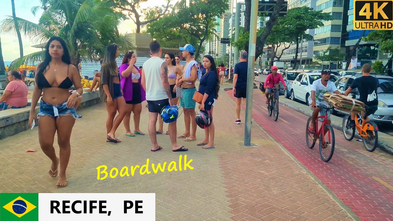 🇧🇷 Кальсадао-де-Боа-Виажем-эм-Ресифи. Caminhada 4K ao longo da praia em Recife, Пернамбуку, Бразилия