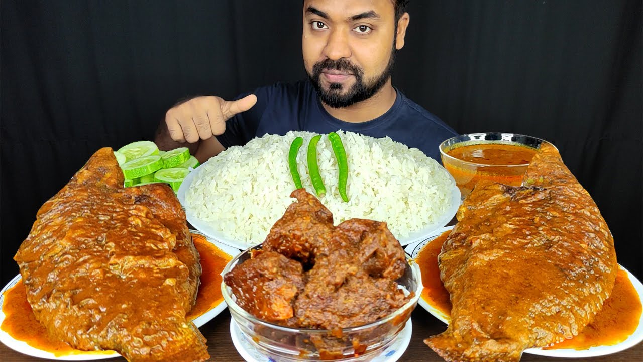 2 WHOLE SPICY FISH CURRY, MUTTON MASALA CURRY, RICE, SALAD, CHILI ASMR MUKBANG EATING || 
