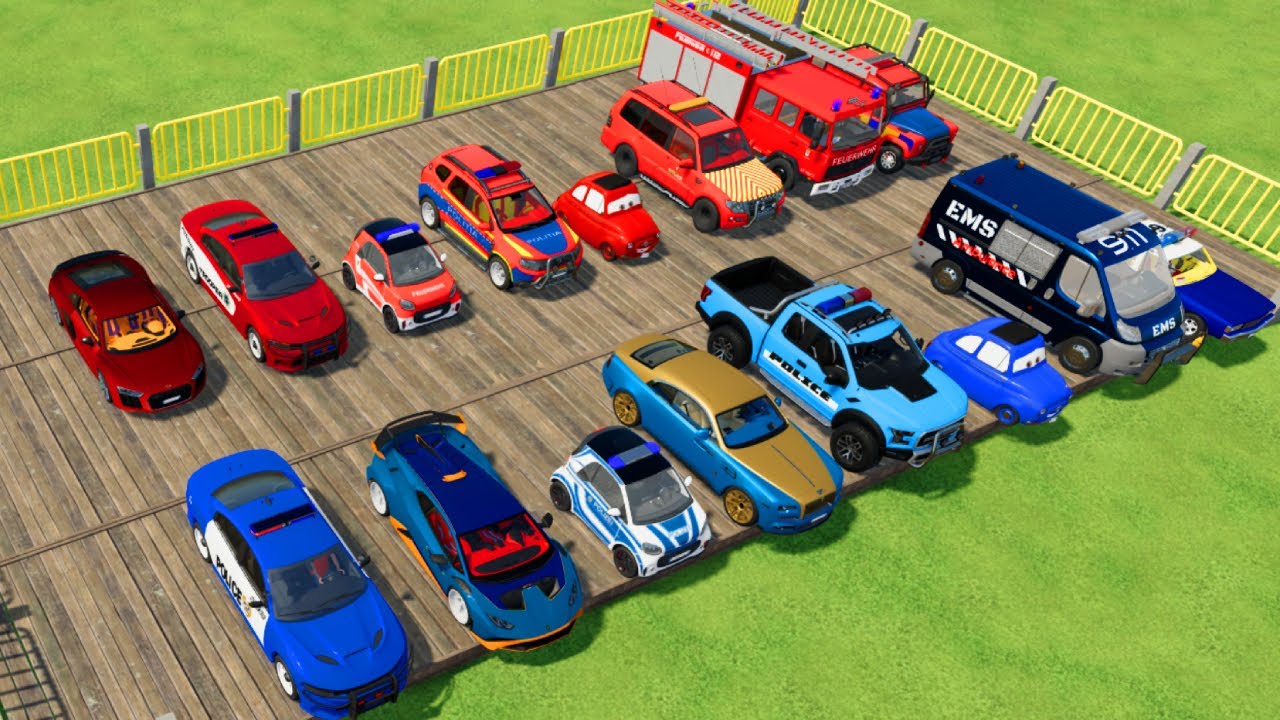 TRANSPORTING CARS, AMBULANCE, POLICE CARS, FIRE TRUCK OF COLORS! WITH TRUCKS! - FS 22