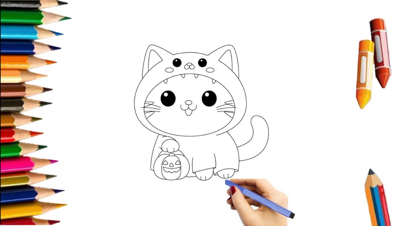🐱Cute Cat Wears Halloween Costume Coloring / Step By Step 🎀