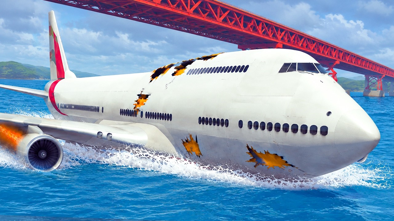 Emergency Landings Under the Bridge  - Airplane Crashes Into Water - Besiege Simulation Scenarios