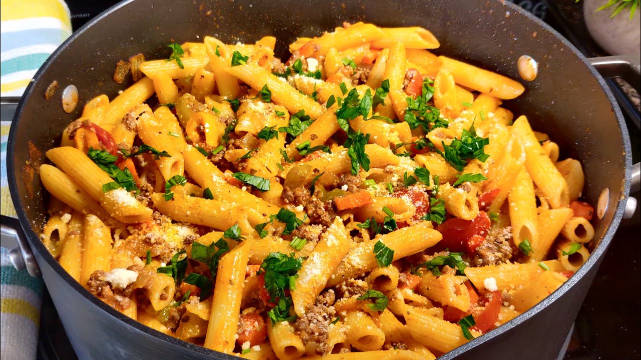 اطيب معكرونة باللحم المفروم والخضار سهلة وسريعة-The best pasta recipe with beef and vegetables