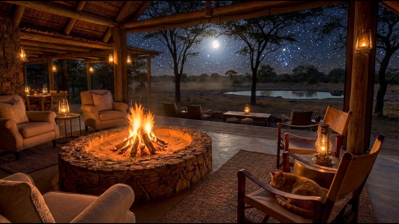 African Safari Night 🔥🌙 Cozy Campfire & Crickets | 4K Ambient Nature Sounds (2 Hours)
