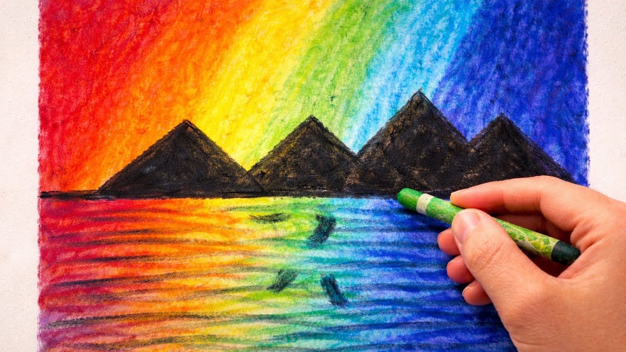 Easy Rainbow Landscape Drawing with Wax Crayons | Mountain Reflection Art for Beginners