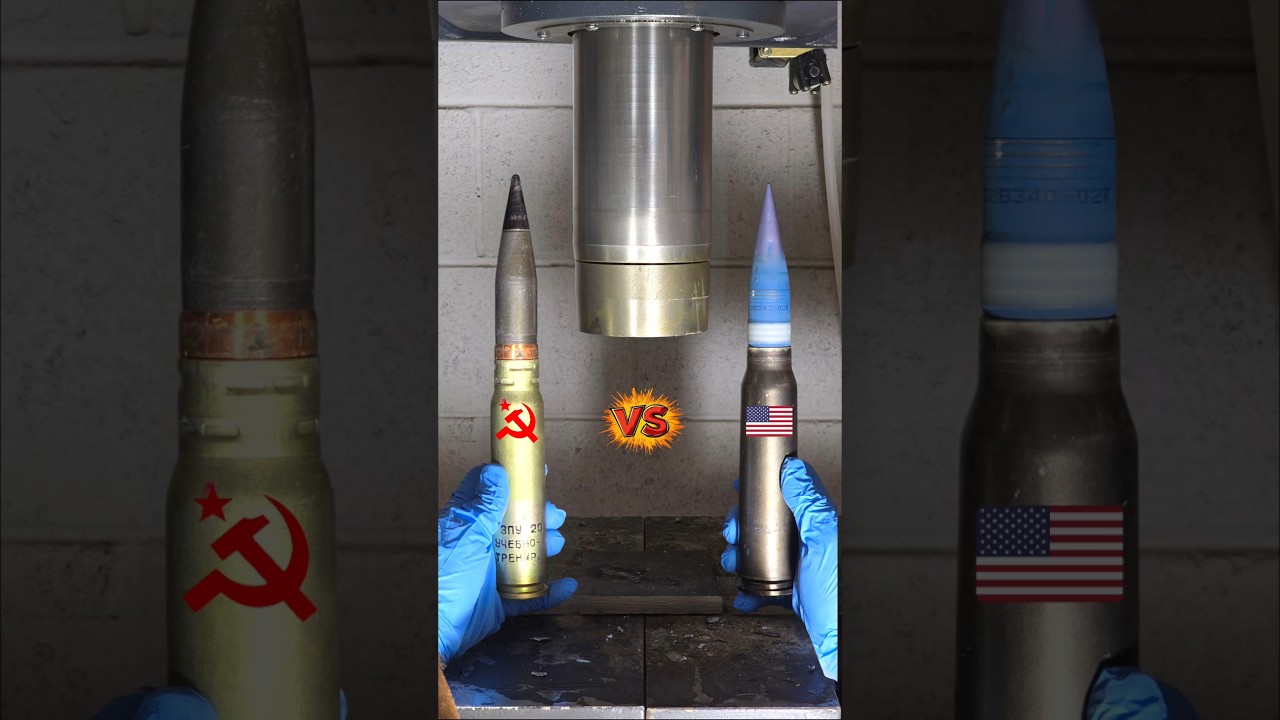 💪USSR vs.USA🇺🇲 30mm AMMO in 150-ton Hydraulic Press! #coldwar #crush #military #army #physics