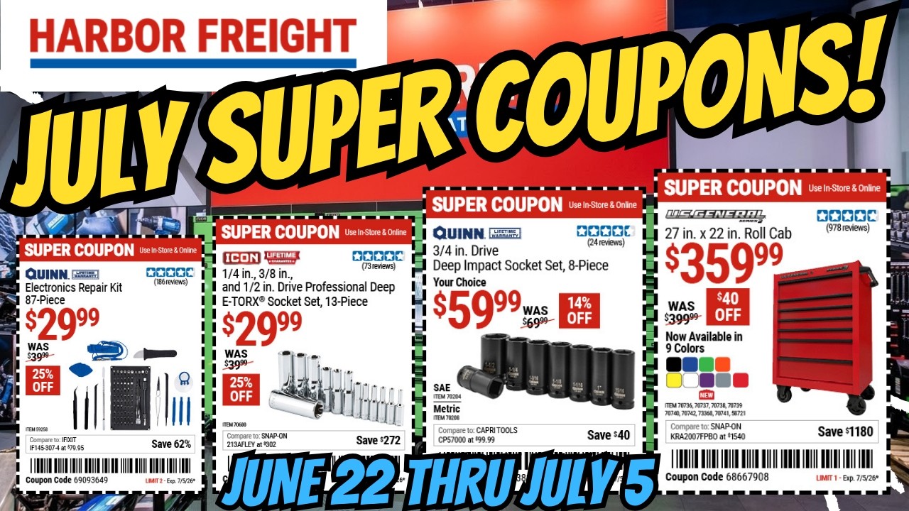 НОВЫЕ СУПЕРКУПОНЫ ИЮЛЯ! 🚨 Ранние скидки Harbor Freight (22 июня &ndash; 5 июля) #harbro #harborfreight