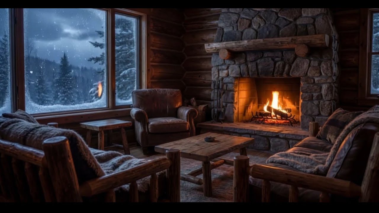 Cozy Fireplace at Night 🔥 Snow Falling Outside ❄️ | 3 Hours Relaxing Ambient Sounds + Music#relax
