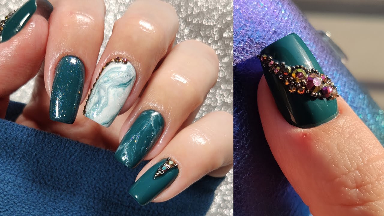 Tmavé podzimní nehty s mramorem a kamínky || #NailArtAlexandra 💅